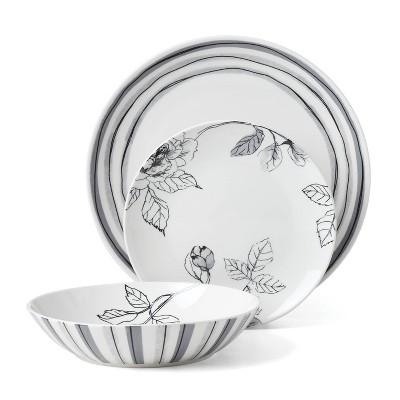 Gray and White Floral Porcelain 12-Piece Dinnerware Set