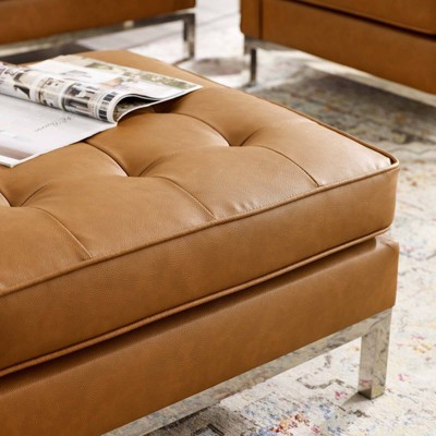Loft Tufted Tan Faux Leather Ottoman with Silver Legs