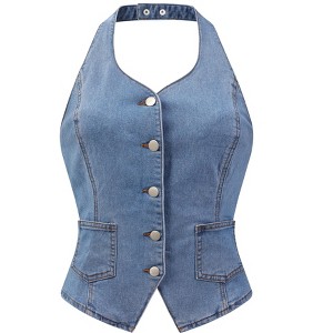 INSPIRE CHIC Women's Denim Halter Neck Button Down Backless Jean Vest - 1 of 4