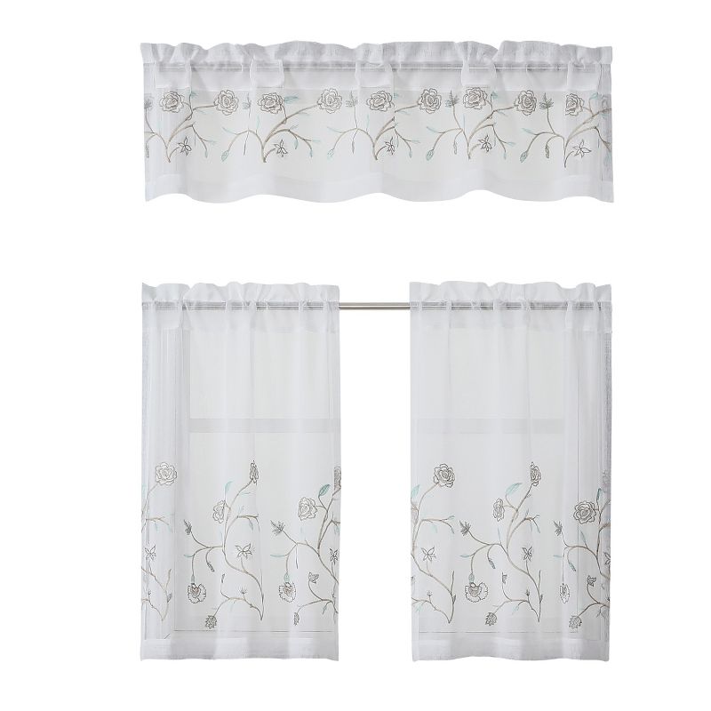 Kate Aurora Complete 3 Piece Embroidered Shabby Floral Roses Sheer Cafe Kitchen Curtain Tier & Valance Set, 4 of 5
