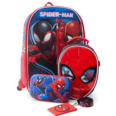 Marvel Spiderman Boy's 4-Piece School Backpack with Lunch Bag Set, Red/Blue