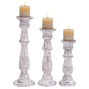 Traditional Candle Holder Set of 3 - White - Olivia & May: Wood Pillar Candlestick Holders for Christmas Decor - 1 of 4