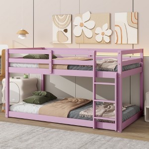 TIRAMISUBEST Twin Over Twin Floor Bunk Bed with Ladder and Guardrail, Rubber Wood Bunk Bedframe with Slats Support for Bedroom - 1 of 4