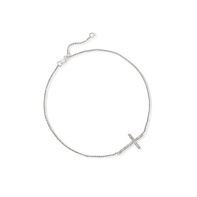 Ross-Simons 14kt White Gold Sideways Cross Anklet With Diamond Accents Size 9