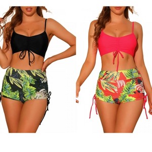 INSPIRE CHIC Women's Drawstring Push-Up Top Tropical Print High Waist Shorts Swimwear Bathing Suits 2 Sets - 1 of 4
