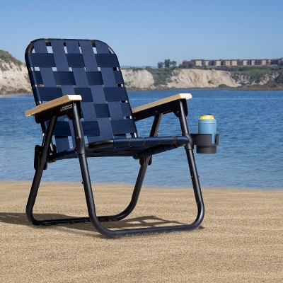 Navy Woven Aluminum Beach and Camping Chair with Hardwood Arms