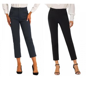 Allegra K Women's Plaid High Waist Elastic Back Office Work Ankle Pants 2 Packs - 1 of 4