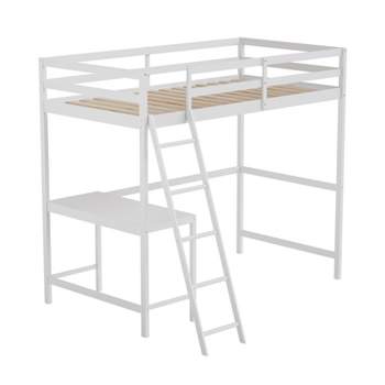 Flash Furniture Riley Loft Bed Frame with Desk, Wooden Bed Frame with Protective Guard Rails & Ladder for Kids and Teens