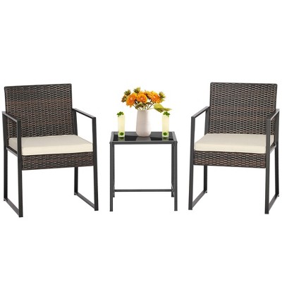 Tangkula 3PCS Patio Rattan Hand-Woven PE Wicker Bistro Set Outdoor Furniture Set w/ Table & Cushion
