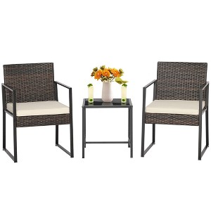 Tangkula 3PCS Patio Rattan Hand-Woven PE Wicker Bistro Set Outdoor Furniture Set w/ Table & Cushion - 1 of 4