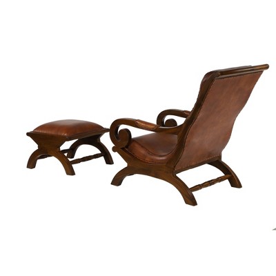 Handcrafted Brown Leather and Teak Wood Accent Chair with Ottoman