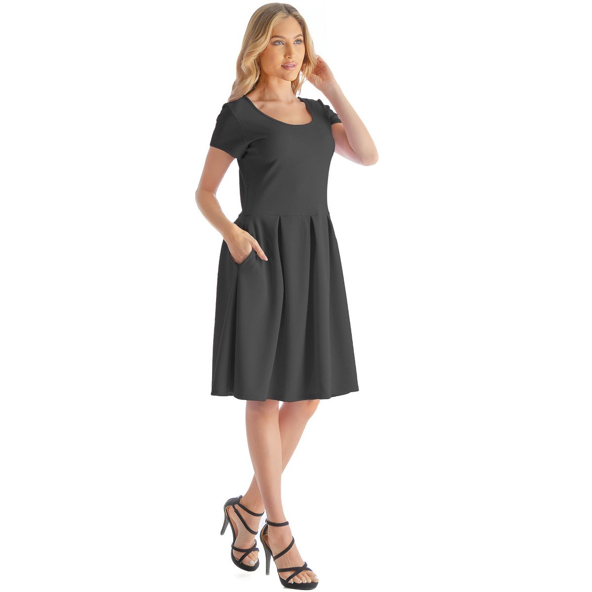 Womens Scoop Neck Short Sleeve Knee Length Pleated A-Line Pocket Dress - 24seven Comfort Apparel™ - thumbnail 2