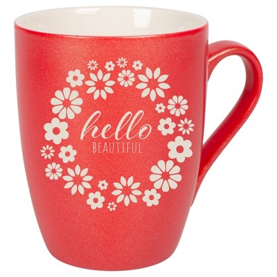 Elanze Designs Flower Wreath Hello Beautiful 10 Ounce Ceramic Laser-Etched Engraved Drinkware Mug, Metallic Crimson Red