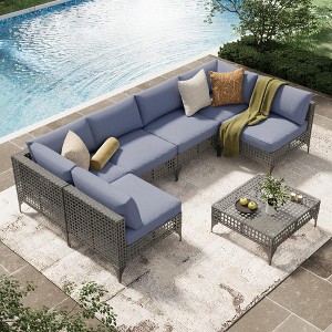 COWLOWN 7 Piece Meta Colored Patio Furniture Set Cushions, Outdoor Sectional with Coffee Table for Porch & Backyard - 1 of 4