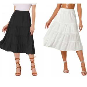 INSPIRE CHIC Women's Midi Solid Elastic Waist Flare Tiered A-Line Skirt with Pockets 2 Packs - 1 of 4