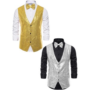 Lars Amadeus Men's Sparkle Sequin Sleeveless Waistcoat Set with Bow Tie 2 Packs - 1 of 4
