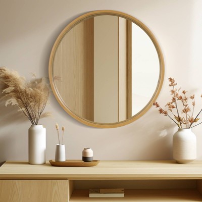 Natural Wood Round Wall Mirror with Silver Accents, 32 Inches