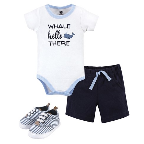 Hudson Baby Infant Boy Cotton Bodysuit, Shorts and Shoe 3pc Set, Whale  Hello, 9-12 Months