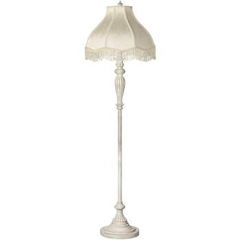 360 Lighting Vintage Shabby Chic Floor Lamp 60" Tall Antique White Cream Scallop Fabric Dome Shade Fringe for Living Room Reading Bedroom