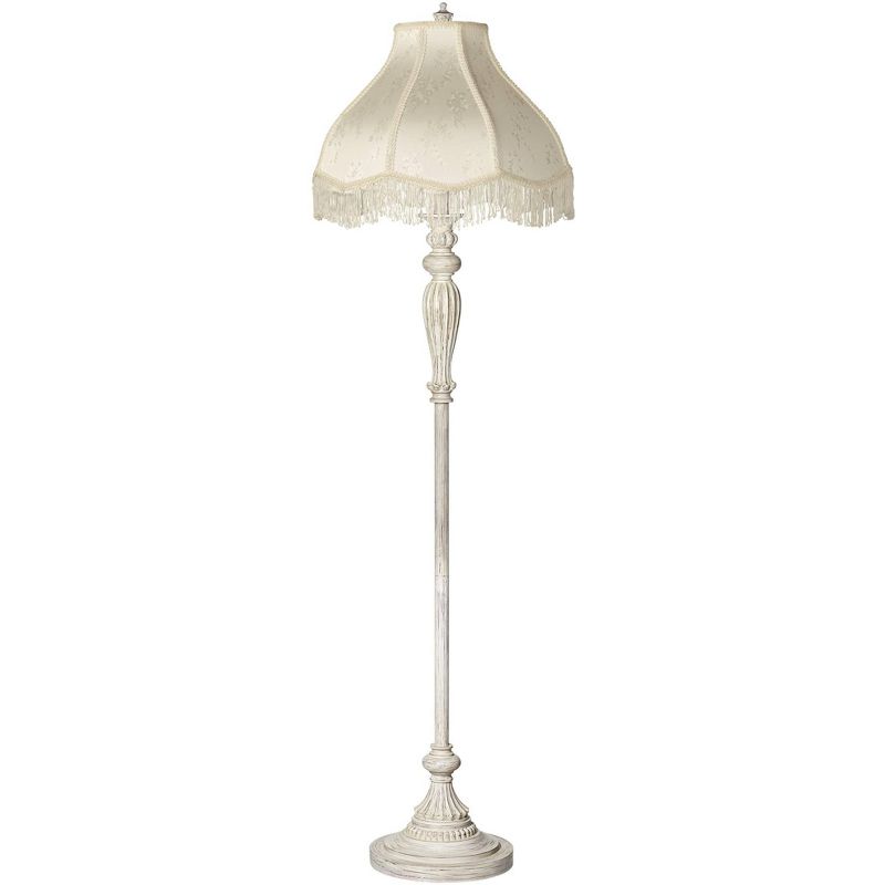360 Lighting Vintage Shabby Chic Floor Lamp 60" Tall Antique White Cream Scallop Fabric Dome Shade Fringe for Living Room Reading Bedroom, 1 of 10