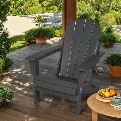 FURNIinspire Patio Accent Chairs Folding Adirondack Chair, Outdoor Adirondack Chair With Cup Holder, Wood Texture Folding Chair, Gray, 32"*29"*36"