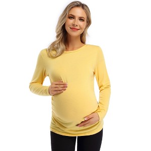 Clearlove Womens Maternity Shirt Fall Long Sleeve Crew Neck T-Shirts Pregnancy Clothes Side Ruched Tunic Tops - 1 of 4