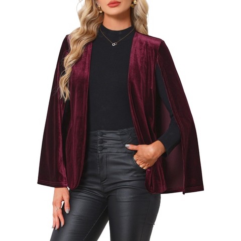 INSPIRE CHIC Women Velvet Cape Split Long Sleeve Open Front Side Pockets Cardigan Blazer Coat Large Burgundy