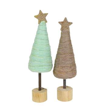 Tag Seafoam & Latte Cotton Candy Trees  -  Two Wool Wrapped Trees 10.0 Inches -  Handmade Wool Wood Base  -  G1207880  -  Wool  -  Multicolored