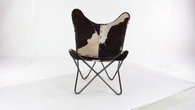 Handcrafted White Leather Butterfly Accent Chair with Metal Frame