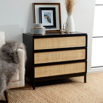 Black and Natural Rattan 3-Drawer Chest