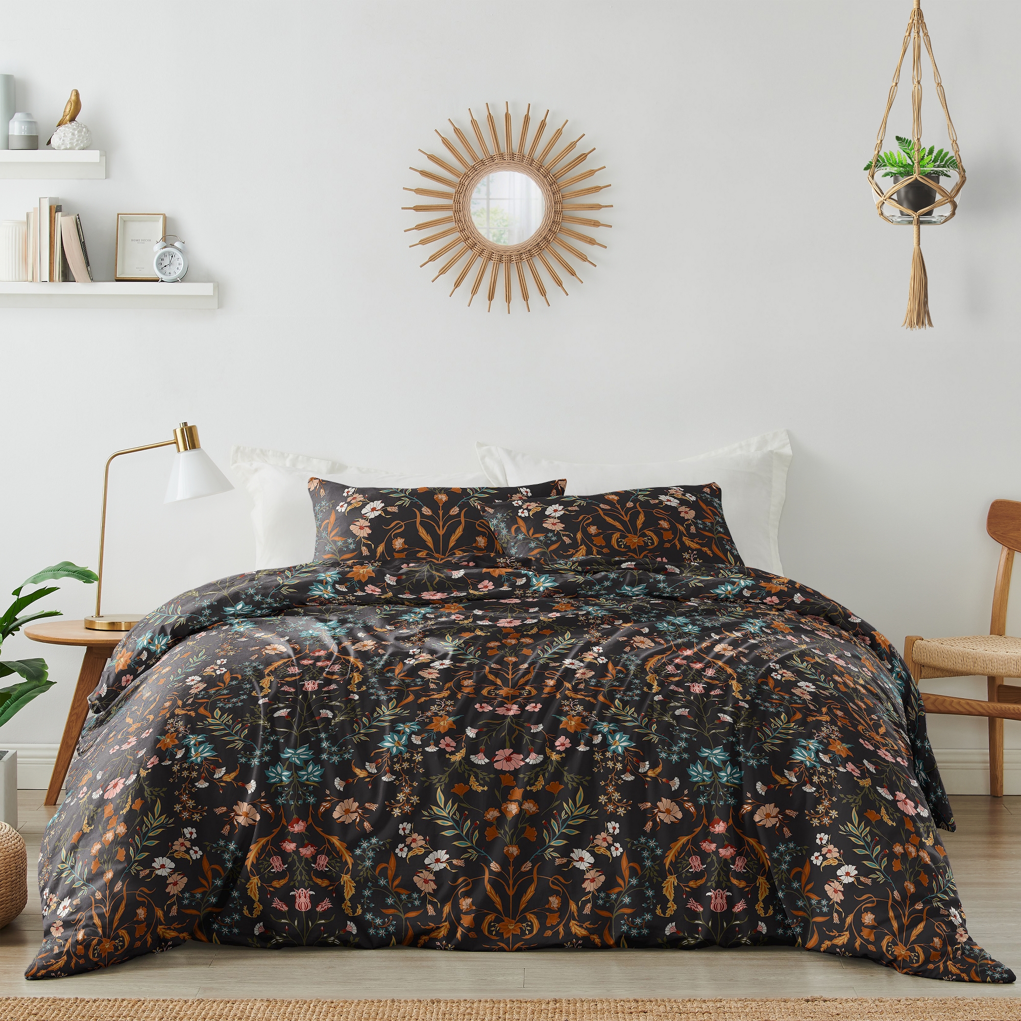 Sweet Jojo Designs Queen Duvet Cover and Shams Set Boho Floral Wildflower Black and Orange 3pc