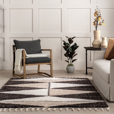 Brown and Beige Geometric Shag 4' x 6' Area Rug