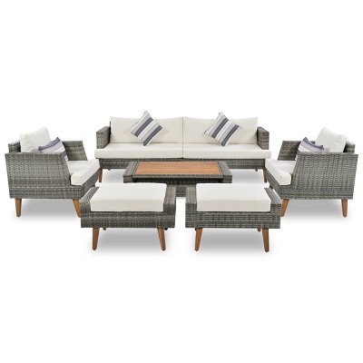 Nestfair 6pc Wicker Patio Conversation Set with Tea Table and Light khaki Cushions