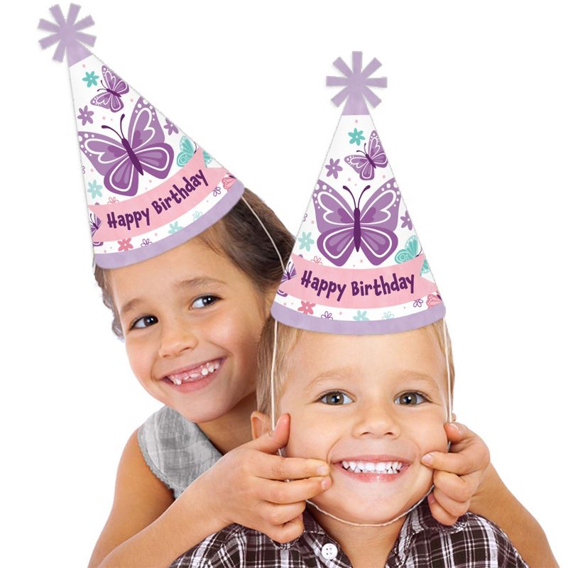 Big Dot of Happiness Beautiful Butterfly - Cone Happy Birthday Party Hats for Kids and Adults - Set of 8 (Standard Size), 2 of 8