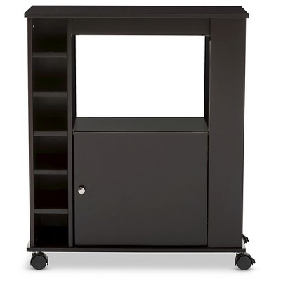 Dark Brown Rubberwood Mobile Wine Bar Cabinet with Storage