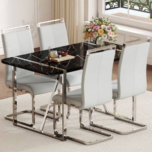 CAVINAS Dining Table Set for 4 Rustic Industrial Rectangular Dining Table with MDF Tabletop with 4 PU Chairs for Kitchen - 1 of 4