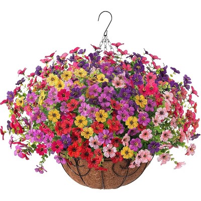 Artificial Faux Hanging Plants Flowers Basket for autumn Outdoor Outside Decoration, Fake Silk UV Sun Resistant Look Real Colorful Daisy Eucalyptus