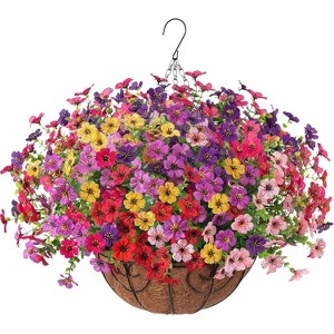 Artificial Faux Hanging Plants Flowers Basket for autumn Outdoor Outside Decoration, Fake Silk UV Sun Resistant Look Real Colorful Daisy Eucalyptus - 1 of 4