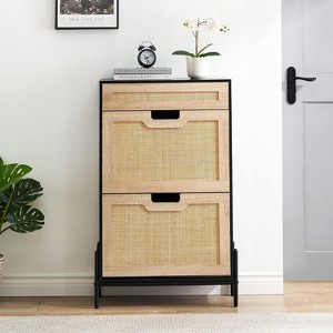 Freestanding Rattan Shoe Cabinet with Flip Drawers & Drawer, Farmhouse Shoe Rack Organizer for Entryway - 1 of 4