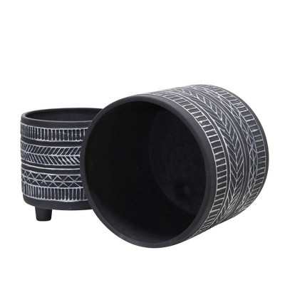 Black Tribal Ceramic Footed Planter Set, 6/8 Inch