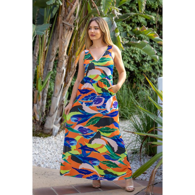 24seven Comfort Apparel Multicolor Floral Sleeveless V Neck Maxi Dress With Pockets, 4 of 9