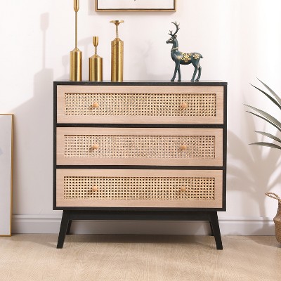 Vynxaria 31.5" Rattan Storage Cabinet: 3 Drawers in Natural Rattan and Black Panel, Ideal for Bedroom and Living Room Storage.