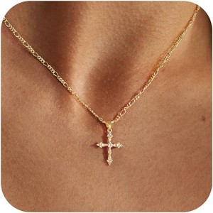 Dainty Gold Cross Necklace for Women, 14K Gold Plated Small Pendant Choker figaro necklace - 1 of 4