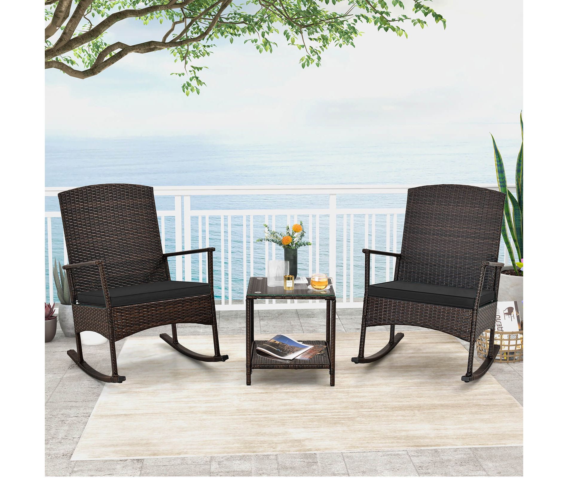 Costway 3 PCS Patio Rocking Set Wicker Rocking Chairs with 2-Tier Coffee Table Black