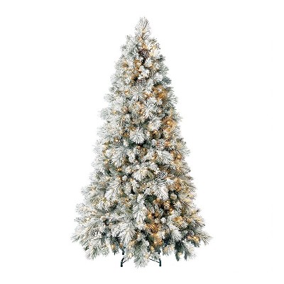 Home Heritage 6.5 Foot Snowdrift Snow Flocked Quick Set Prelit Artificial Pine Holiday Tree w/ Clear White Lights, Pinecones, Berries, & Metal Stand