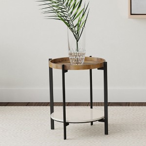 15.5" Mango Wood and Iron Round End Table with White Marble Shelf, Perfect for Stylish and Minimalist Spaces - 1 of 4
