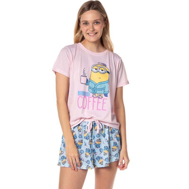 Despicable Me Minions Womens' Need Coffee Character Sleep Pajama Set Shorts Multicolored, 1 of 6