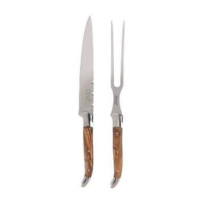 French Home Laguiole 2pc Stainless Steel and Olivewood Carving Knife and Fork Set