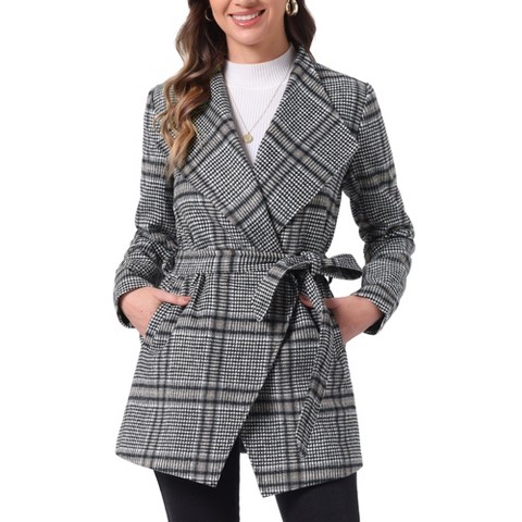 INSPIRE CHIC Women's Shawl Collar Belted Asymmetrical Hem Plaid Coat Black White X-Large