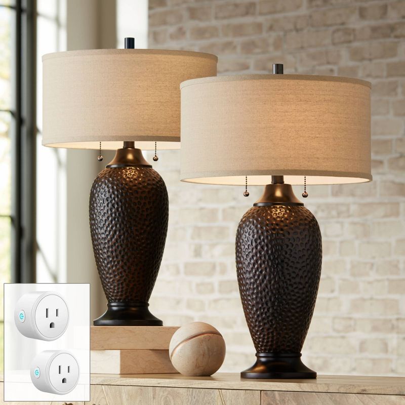 360 Lighting Cody 26" High Industrial Farmhouse Rustic Table Lamps Set of 2 WiFi Smart Socket Pull Chain Oiled Bronze Finish Living Room Oatmeal Shade, 2 of 10
